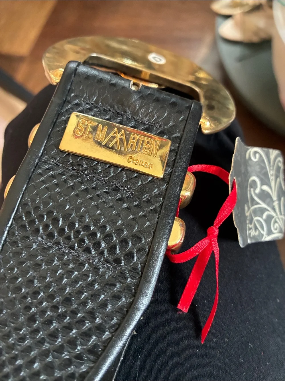 Vintage Black Leather Belt with Gold Tone Buckle and Rhinestone Accents
